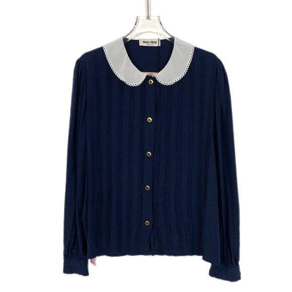 Miu Miu 2022 Dark Blue Peter Pan Collar Silk Single-Breasted Long Sleeve Shirt